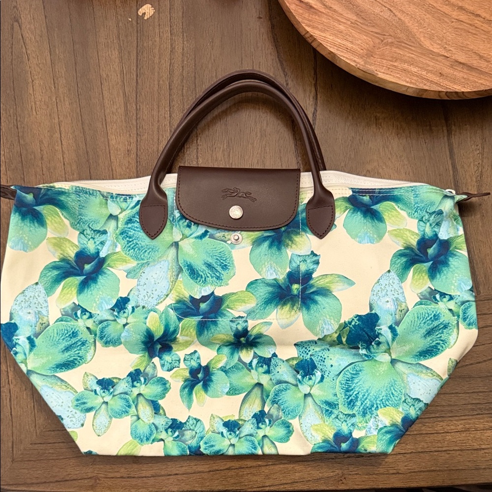 Longchamp Floral Tote with Brown Handles